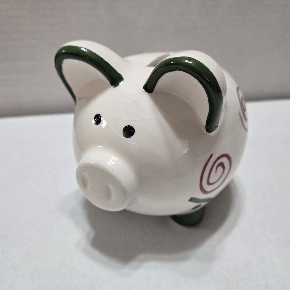 Vintage Porcelain Ceramic Piggy Bank Folk Art White Green And Red With Stopper